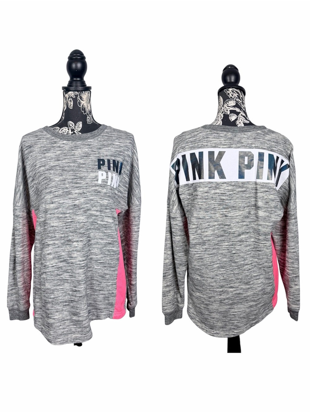 VS Pink grey neon pink mesh side holographic oversize pullover size XS